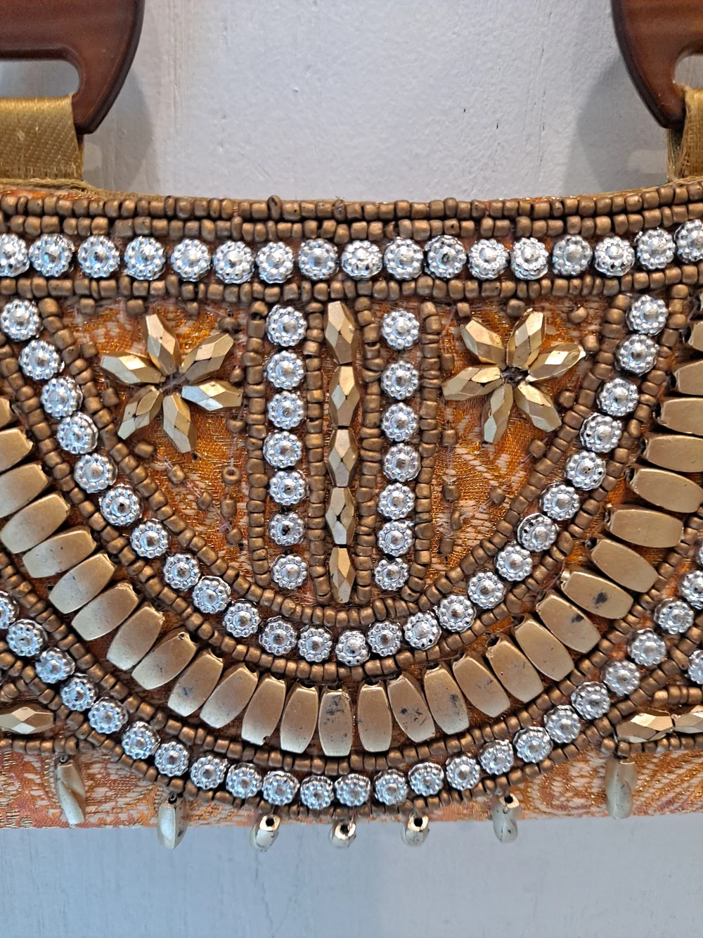 Vintage Beaded Silk Like Orange Evening Clutch Art Deco Wooden Handle Boho Bag